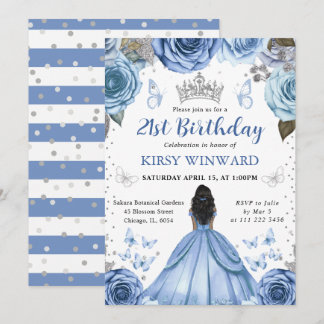 Blue Dress Dark Skin Princess Birthday Einladung