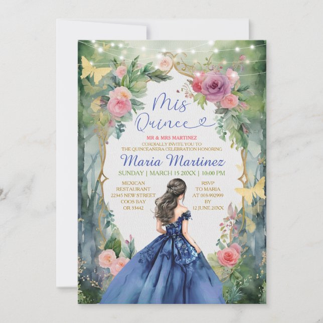 Blue Dress Forest Gold Butterfly Mis Quince Einladung (Vorderseite)