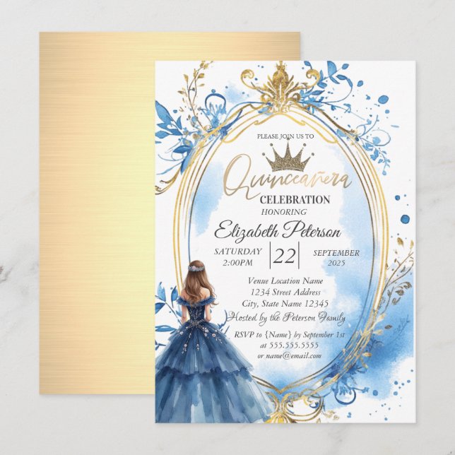 Blue Dress Princess Frame Gold Einladung (Vorne/Hinten)