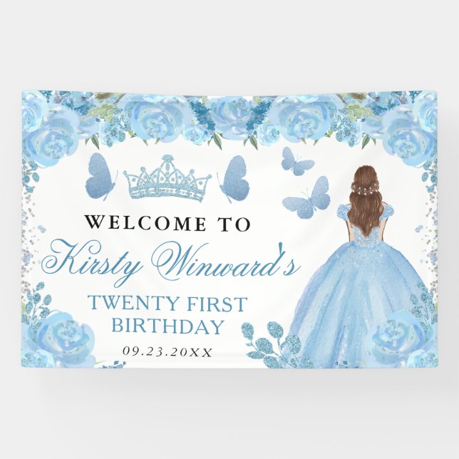 Blue Dress Red Haired Princess Floral Birthday Banner (Horizontal)