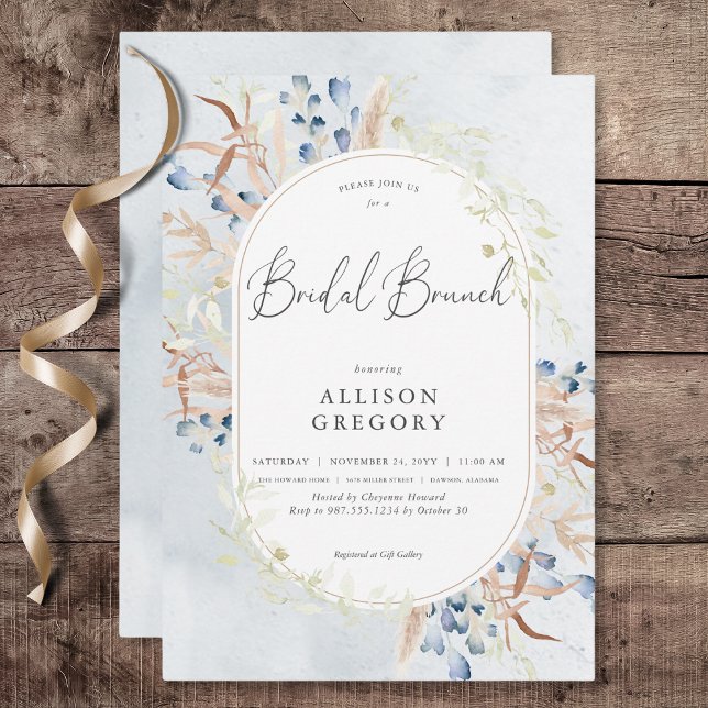 Blue Dried Boho Blume Blue Bridal Brunch Einladung (Blue Dried Boho Flowers Blue Bridal Brunch Invitation)
