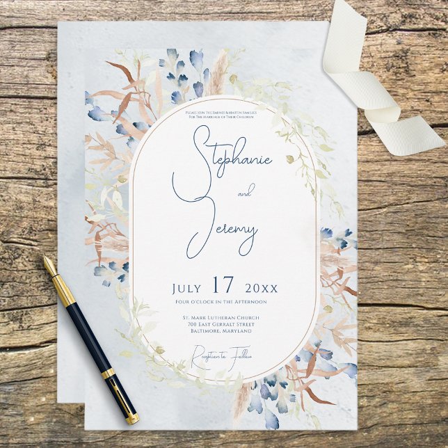 Blue Dried Boho Flowers Blue Wedding Invitation Einladung (Von Creator hochgeladen)