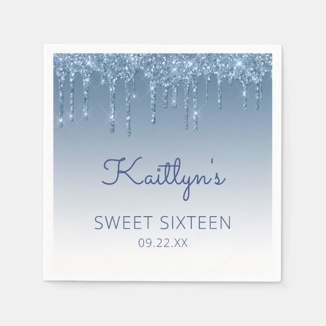 Blue Dripping Glitzer Glam Sweet 16 Party Serviette (Vorderseite)