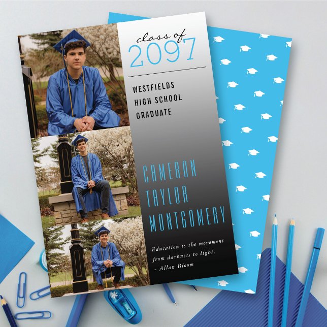 Blue Dunkel to Light Zitat 3 Foto Moderner Abschlu Ankündigung (Blue Dark To Light Quote 3 Photo Collage Modern Graduation Announcement @ zazzle.com/color_therapy)