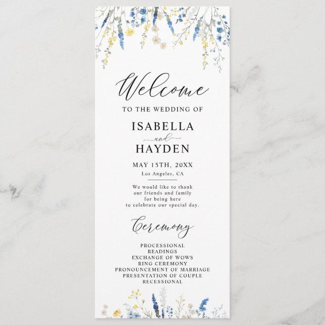 Blue Dusty Dainty Wild Floral Wedding Flat Program Programm (Vorderseite)