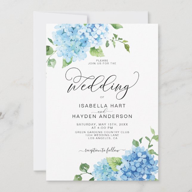 Blue Dusty Light Navy Floral Hydrangea Wedding Einladung (Vorderseite)