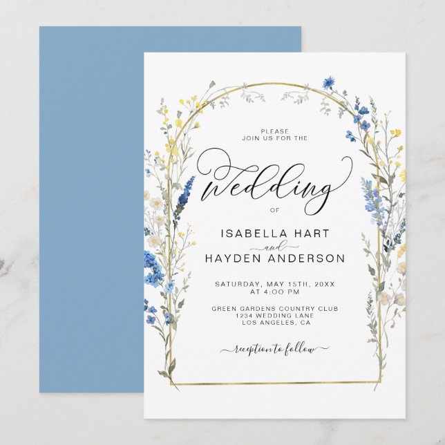 Blue Dusty Wild Blume Blumengold Hochzeit Einladung (Vorne/Hinten)