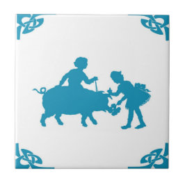 Blue Dutch Kids & Pig Delft Fliese