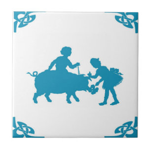Blue Dutch Kids & Pig Delft Fliese