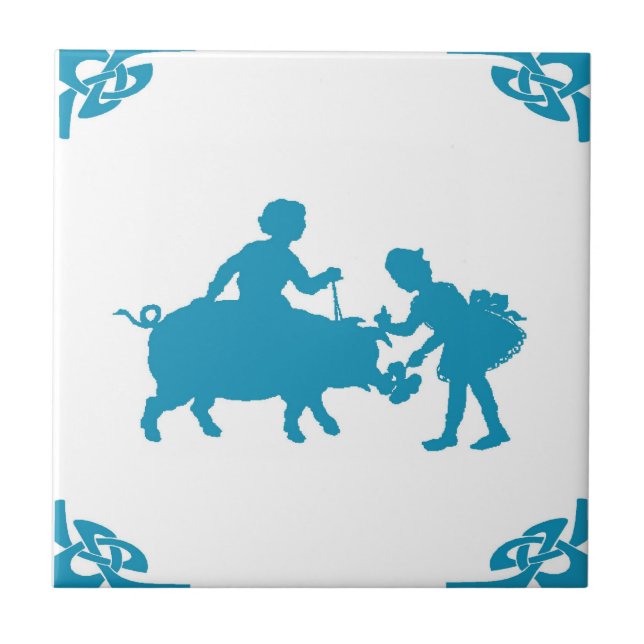 Blue Dutch Kids & Pig Delft Fliese (Vorderseite)