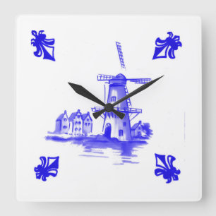 Blue Dutch Wind Mill Quadratische Wanduhr