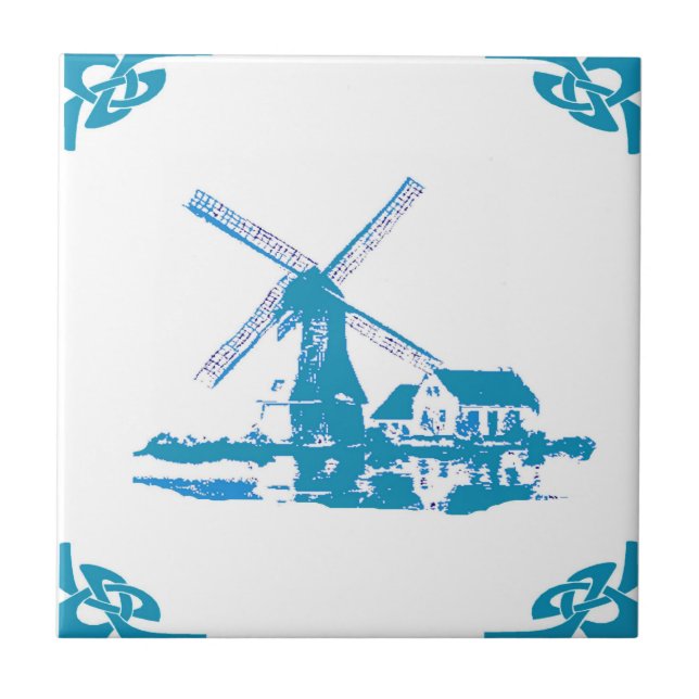 Blue Dutch Windmill Delft Look Fliese (Vorderseite)