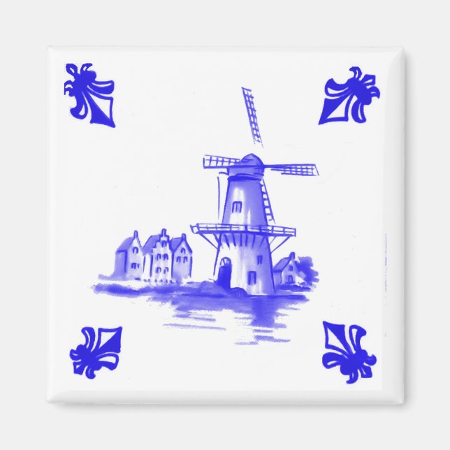 Blue Dutch Windmill Tile Delft Look Magnet (Vorne)