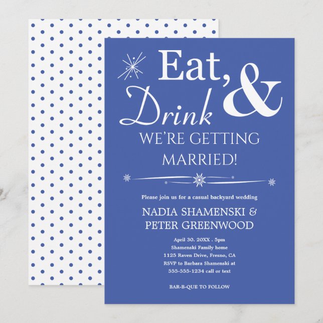 Blue Eat Drink Lässige Hochzeit verheiratet Einladung (Vorne/Hinten)