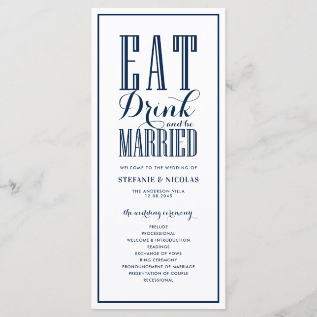 Blue Eat Drink und Verheiratet Hochzeit Programm (Vorderseite)
