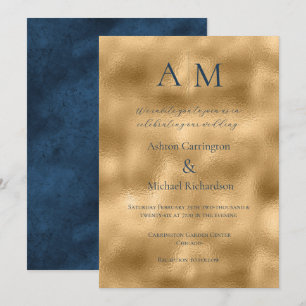 Blue Ecru Gold Monogramme Faire-part de mariage mo