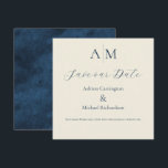 Blue Ecru Monogram Modern Wedding Save The Date<br><div class="desc">Schöne Braut & Bräutigam Monogramme am oberen Ende dieser schönen Hochzeit Speichern Sie die Date-Karte. Ecru Hintergrund mit tiefblauem Schriftart zu koordinieren mit dem bedrückten blauen Rücken dieser eleganten Einladung. Absolut atemberaubend.</div>