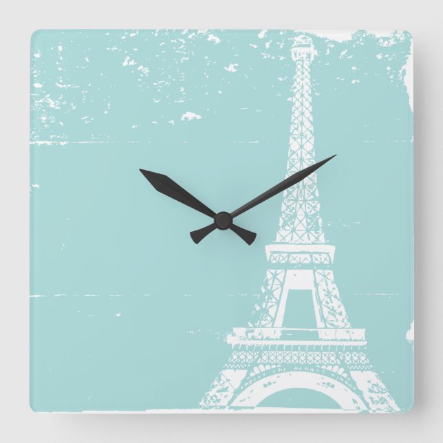 Blue Eiffel Tower Custom Wall Clock Quadratische Wanduhr (Vorderseite)