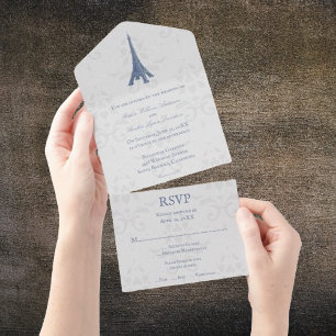 Blue Eiffel Tower Damask All in one Wedite Einladu Einladung
