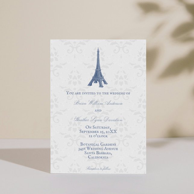 Blue Eiffel Tower Damask Einladung zur Hochzeit (Blue Eiffel Tower Damask Wedding Invitation)
