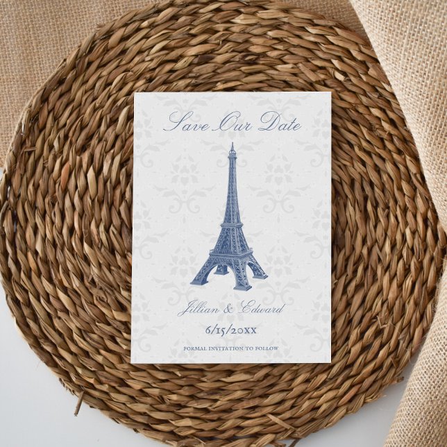 Blue Eiffel Tower Damask Save the Date Ankündigung (Blue Eiffel Tower Damask Save the Date)
