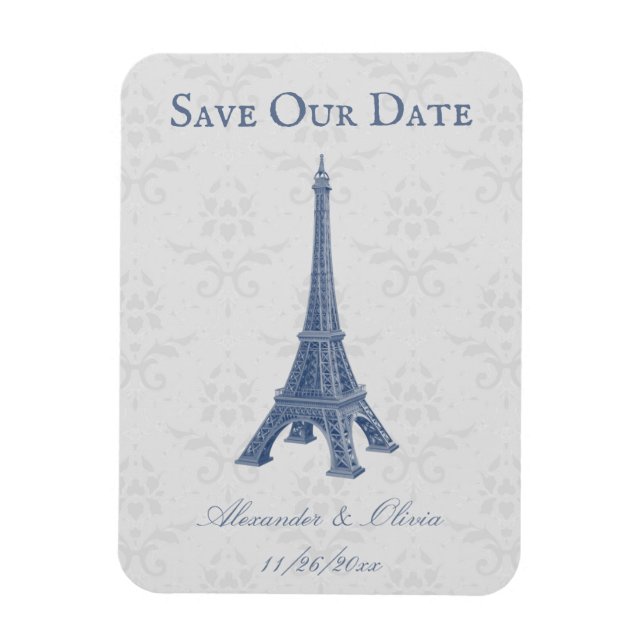 Blue Eiffel Tower Damask Speichern das Date Magnet (Vertikal)