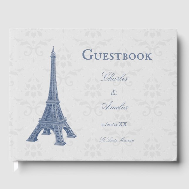 Blue Eiffel Tower Damask Wedbook Gästebuch (Vorderseite)
