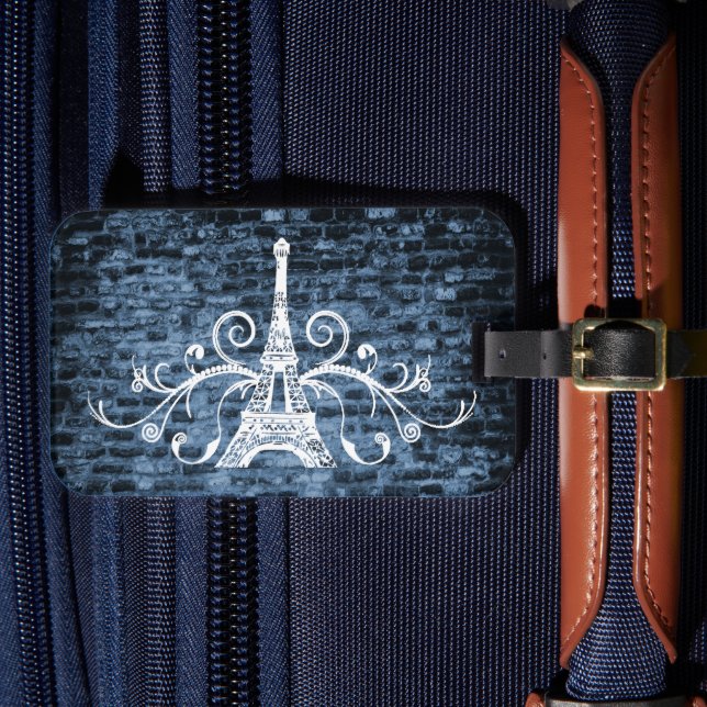 Blue Eiffel Tower Grunge Gepäckmarke Gepäckanhänger (Vorderseite Insitu 4)