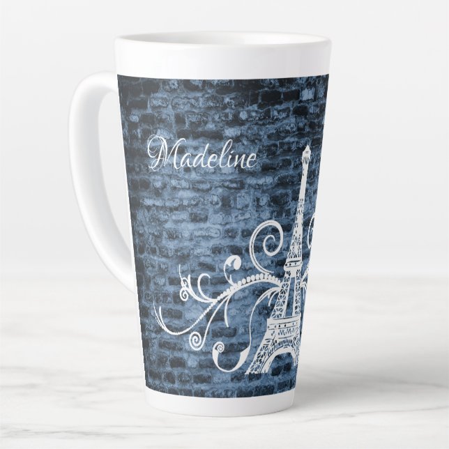 Blue Eiffel Tower Grunge Latte Tasse (Linke Ecke)