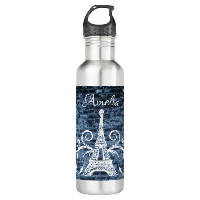 Blue Eiffel Tower Grunge Wasserflasche Edelstahlflasche (Vorderseite)