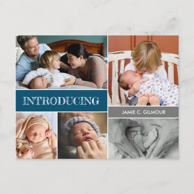 Blue Einführung Custom 2. Baby Foto Collage Ankündigungspostkarte (Vorderseite)