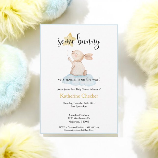 Blue Einige Bunny Yellow Star Balloon Baby Dusche Einladung (Von Creator hochgeladen)
