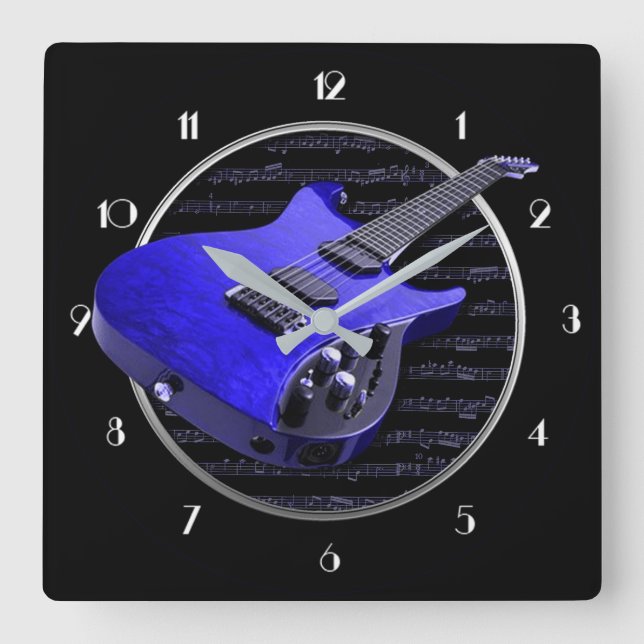 Blue Electric Gitarren Square Wall Clock Quadratische Wanduhr (Vorderseite)