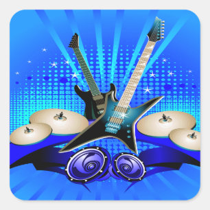 Blue Electric Gitarren, Trommeln und Lautsprecher Quadratischer Aufkleber