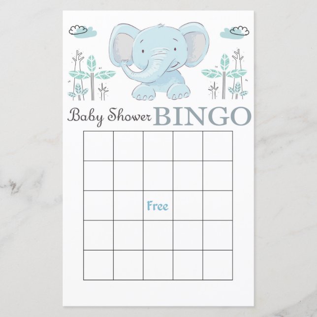 Blue Elefant Baby Dusche Bingokarte (Vorderseite)