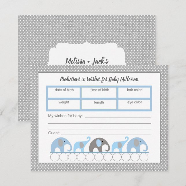 Blue Elefant Baby Shower Predictions Spiel Einladung (Vorne/Hinten)