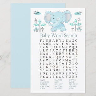 Blue Elefant Baby Shower Word Search Game