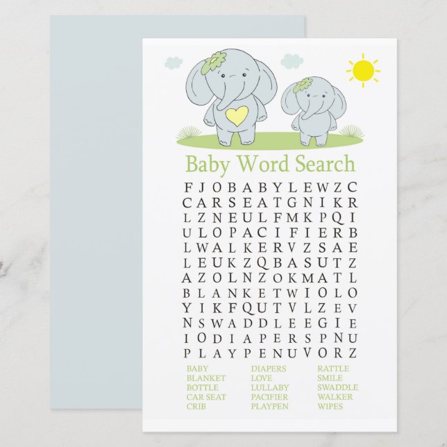 Blue Elefant Baby Shower Word Search Game (Vorne/Hinten)