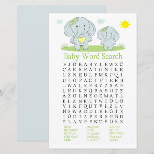 Blue Elefant Baby Shower Word Search Game
