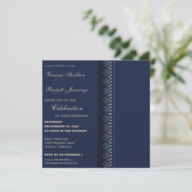 Blue Elegance Wedding Einladung (Stehend Vorderseite)
