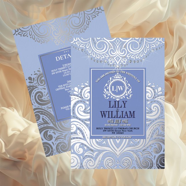 Blue Elegant Artdeco Diamond Monogram Wedding Folieneinladung (Luxurious Elegant Classic Boho Wedding Invitation - Real Foil and Monogram)