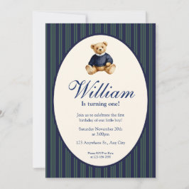 Blue Elegant Babys First Birthday Teddy Bear Invit Einladung