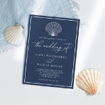 Blue Elegant Beach Seashell Wedding Einladung<br><div class="desc">Dieses schlichte marineblaue Hochzeitsdesign hat eine Jakobsmuschel-Muschel oben,  eine elegante Schriftzeichen-Kalligraphie und einen Rahmen um den Rand.</div>
