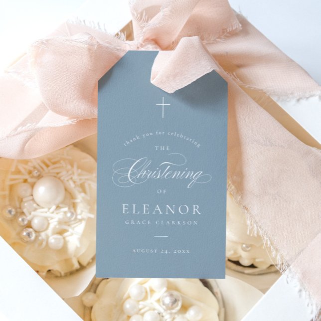 Blue Elegant Calligraphy Christening Favor Geschenkanhänger (Von Creator hochgeladen)