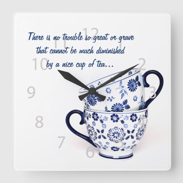 Blue Elegant classic tea cup Quadratische Wanduhr (Vorderseite)