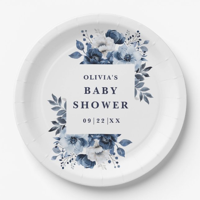 Blue Elegant Country Floral Baby Dusche Pappteller (Vorderseite)