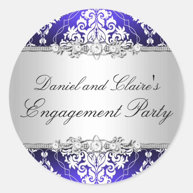 Blue Elegant Damask Engagement Party Sticker (Vorderseite)