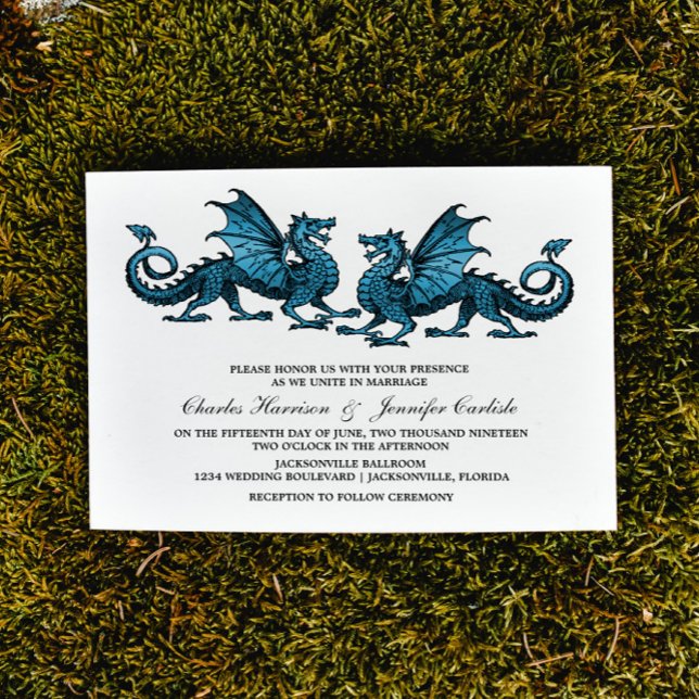 Blue Elegant Dragon Wedding Invite Einladung (Blue Elegant Dragons Wedding Invite)