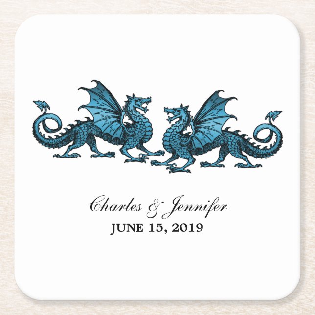 Blue Elegant Dragons Wedding Paper Untersetzer (Vorderseite)