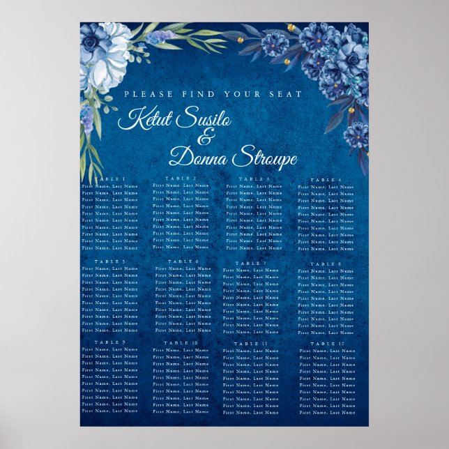 Blue Elegant floral summer wedding seating chart  Poster (Vorne)